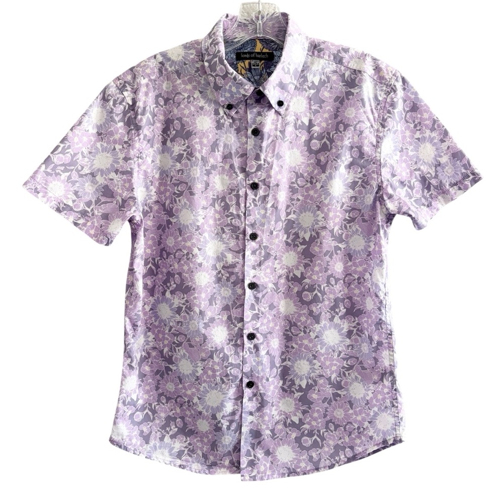 Lords of Harlech Mens Floral Purple Button Down Shirt 100% Cotton Size Small